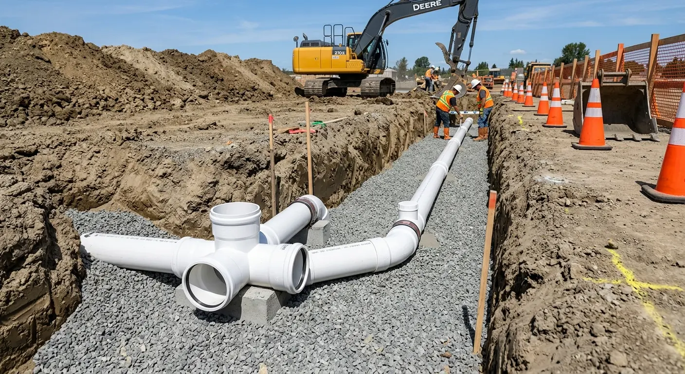 New PVC sewer pipe installation in open trench for Commercial Drain Cleaning in Palm River-Clair Mel