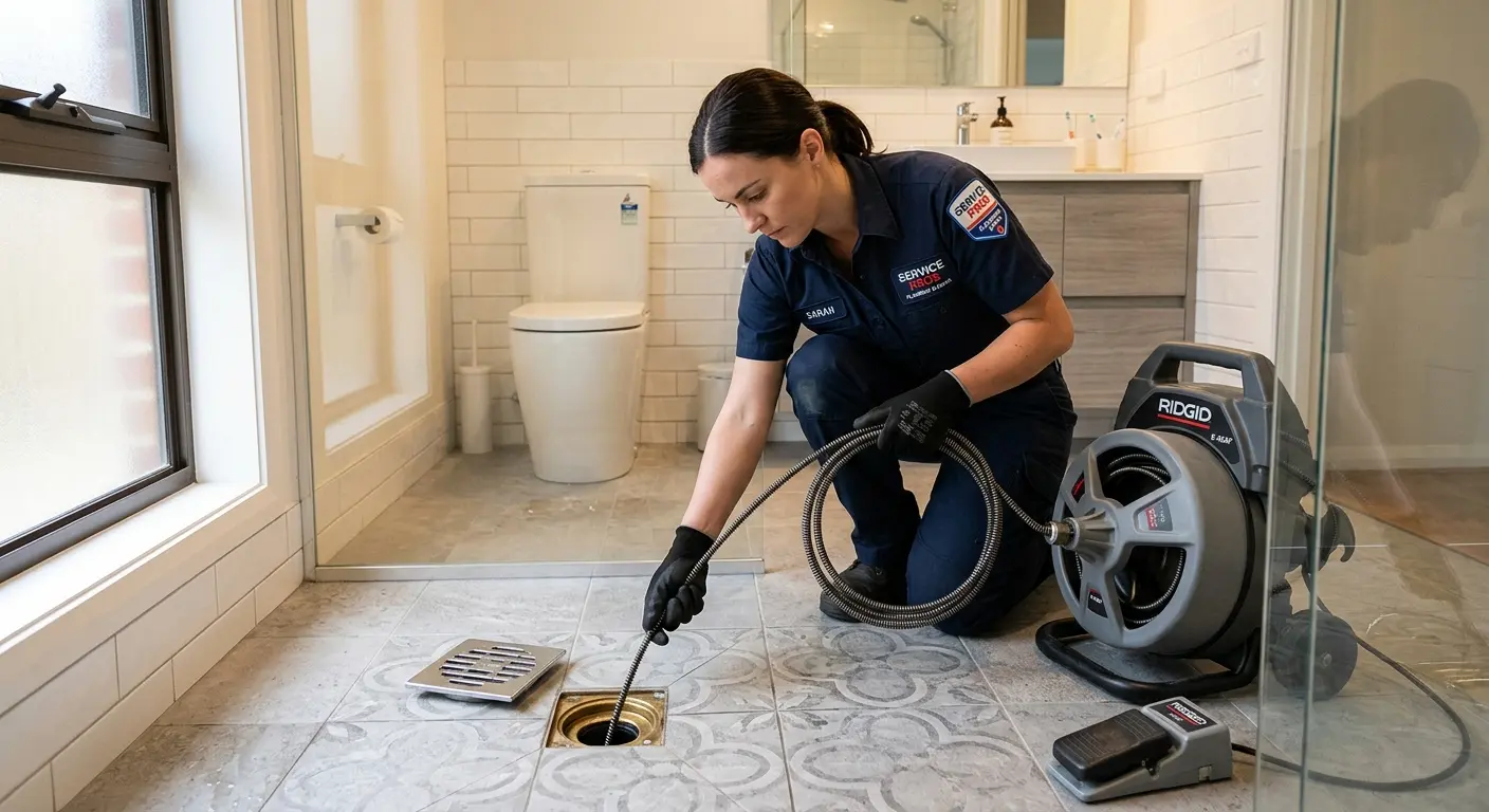 Technician clearing a bathroom floor drain for Hydro Jetting in Palm River-Clair Mel